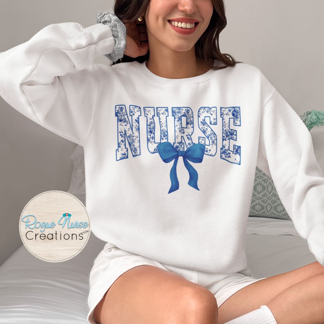 Blue Floral Nurse With Blue Bow Graphic Pullover Sweatshirt, Cute Nurse Sweatshirt, Nurse Gift, Cozy Nurse Pullover. Pretty Bow Nurse Shirt