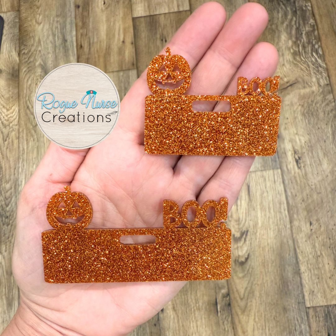 Orange Glitter Acrylic Pumpkin Halloween Badge Topper, Pumpkin With Boo! Badge Topper, Cute Fall Pumpkin Badge Topper for Name Badges