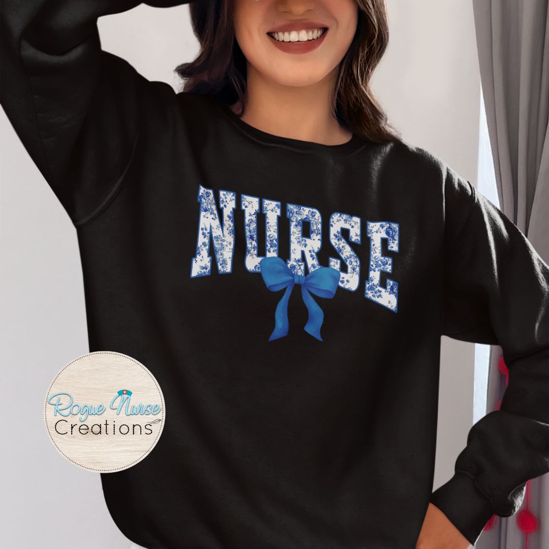 Blue Floral Nurse With Blue Bow Graphic Pullover Sweatshirt, Cute Nurse Sweatshirt, Nurse Gift, Cozy Nurse Pullover. Pretty Bow Nurse Shirt