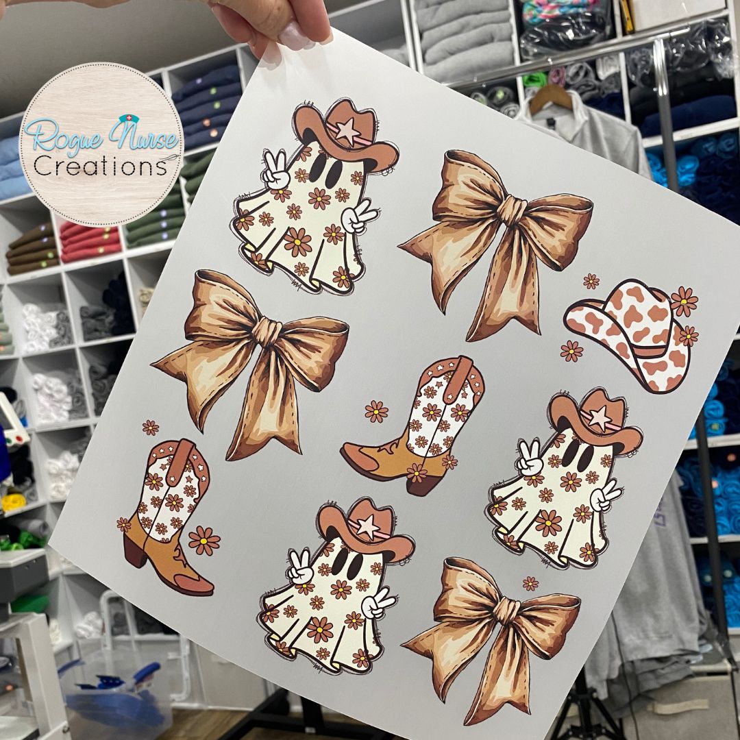 Cowboy Ghost with Bows Graphic T-Shirt, cute Ghost T-Shirt, Halloween Brown and Beige Cowboy Ghost Halloween Shirt