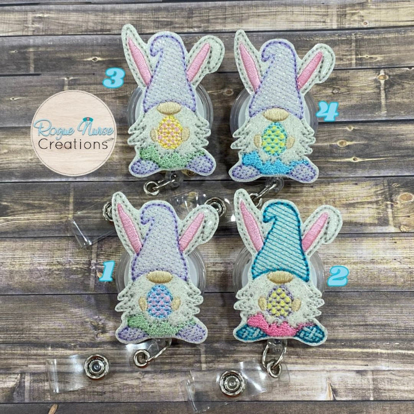 Easter Bunny Gnome Holding a Decorated Easter Egg Embroidered Retractable Badge Reel, Badge Buddy Easter Gnome Badge Reel, Nurse Badge Reel