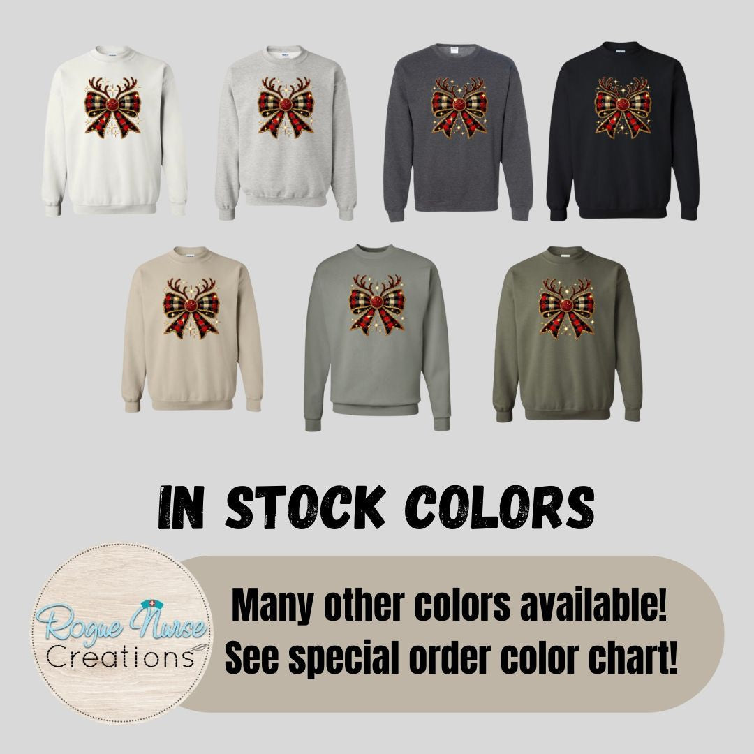 Plaid Holiday Glittery looking Bow Graphic Sweatshirt, Crew Neck Pullover, Nurse Gift, Cute Christmas Holiday Sweatshirt for Nurses