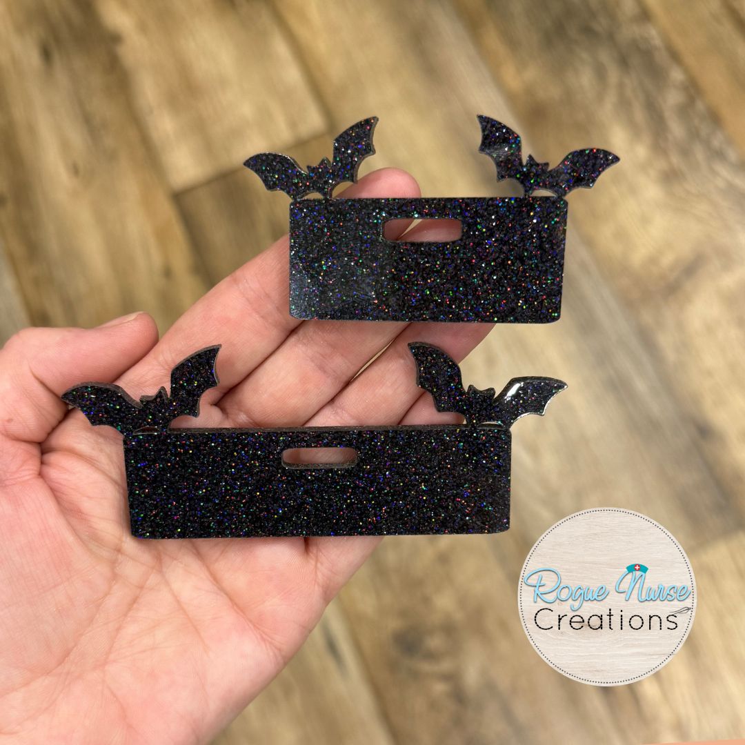 Black Iridescent Glitter Acrylic Bats Halloween Badge Topper, Bats Badge Topper, Halloween Bats Badge Topper for Name Badges
