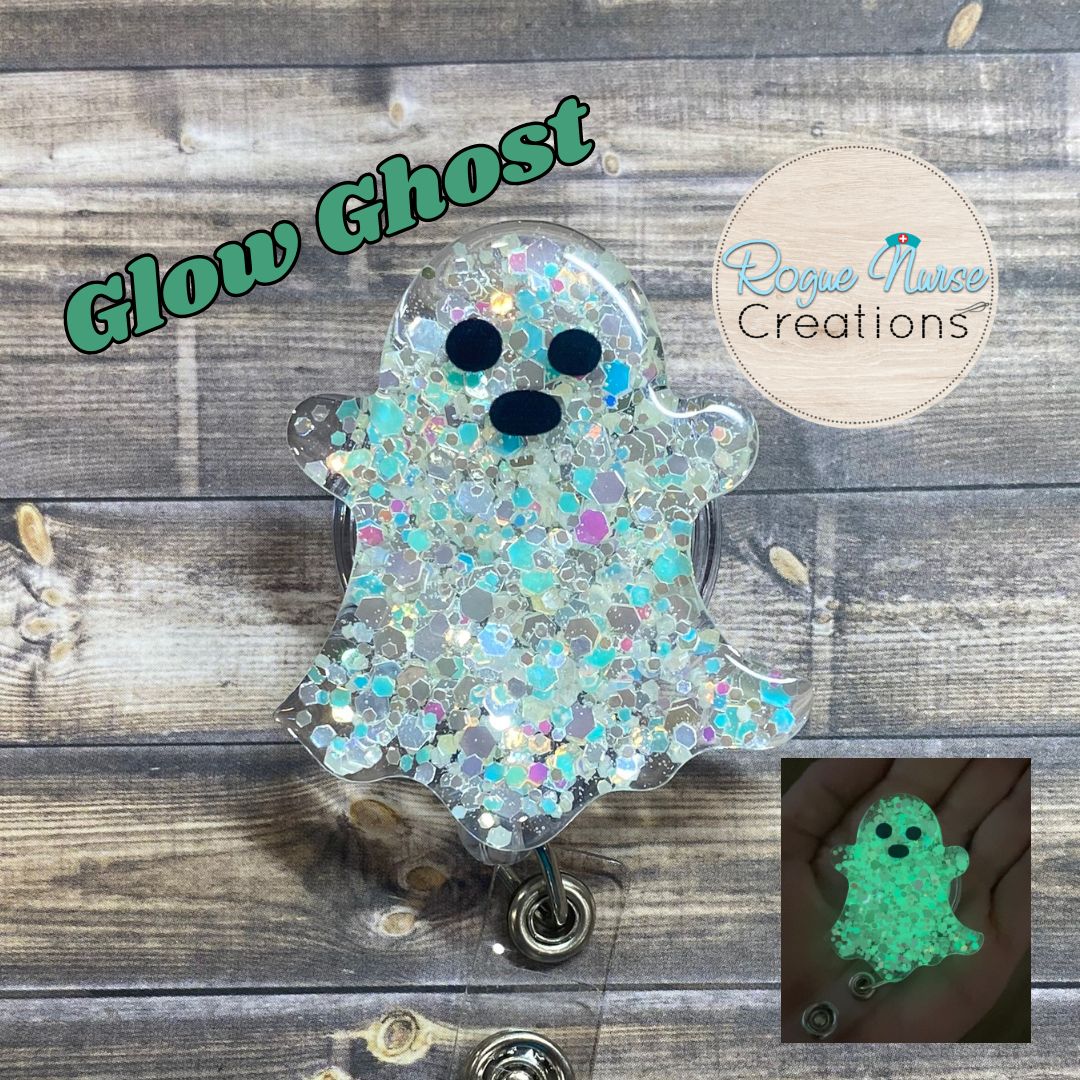 GLOW Iridescent Glitter Acrylic Epoxy Ghost Retractable Badge Reel, Halloween Badge Reel, Friendly Ghost, Glowing Ghost Badge Holder