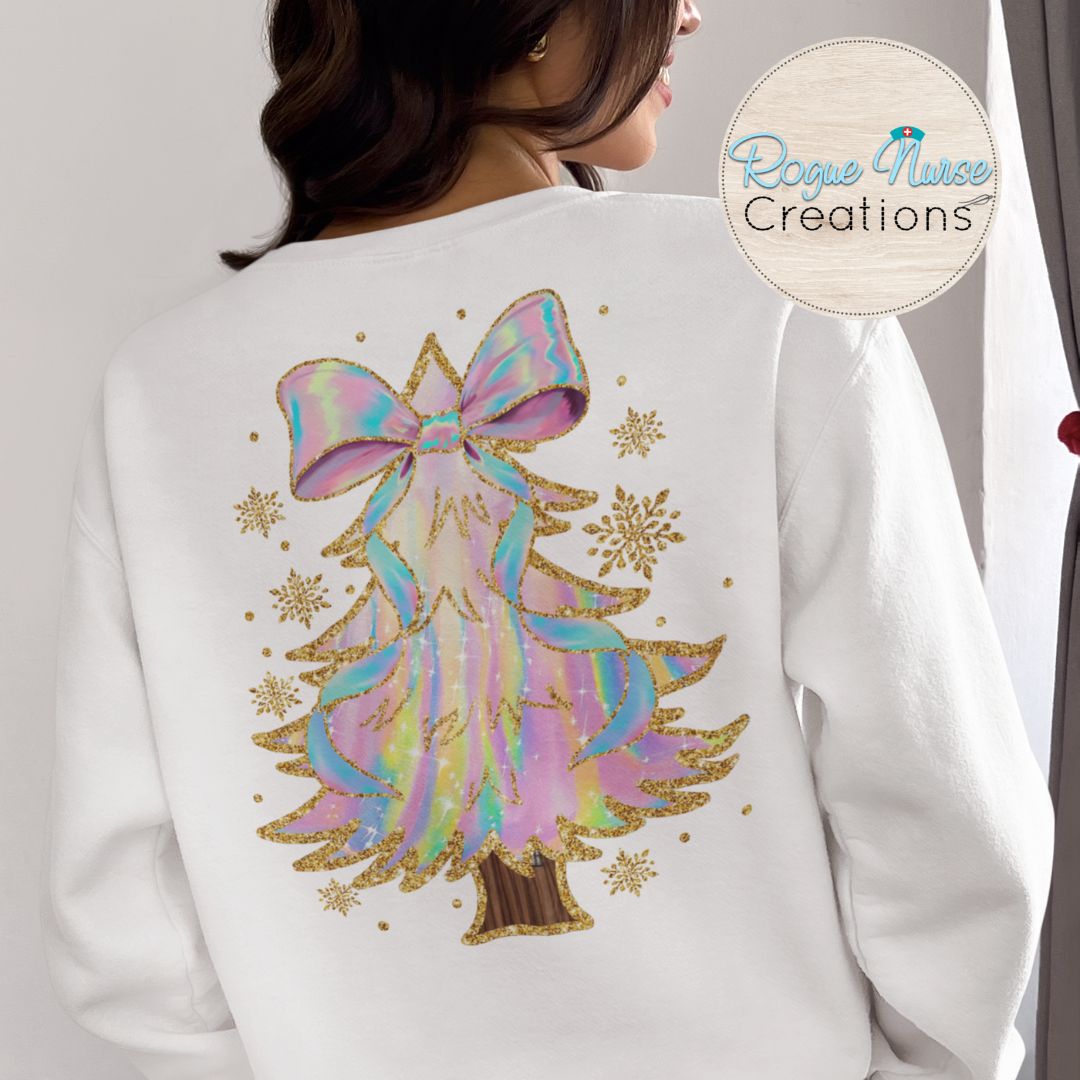 Pastel glittery Christmas Graphic Sweatshirt, Iridescent looking Tree Holiday Graphic Pullover, Nurse Gift, Cute Christmas Tree Sweatshirt