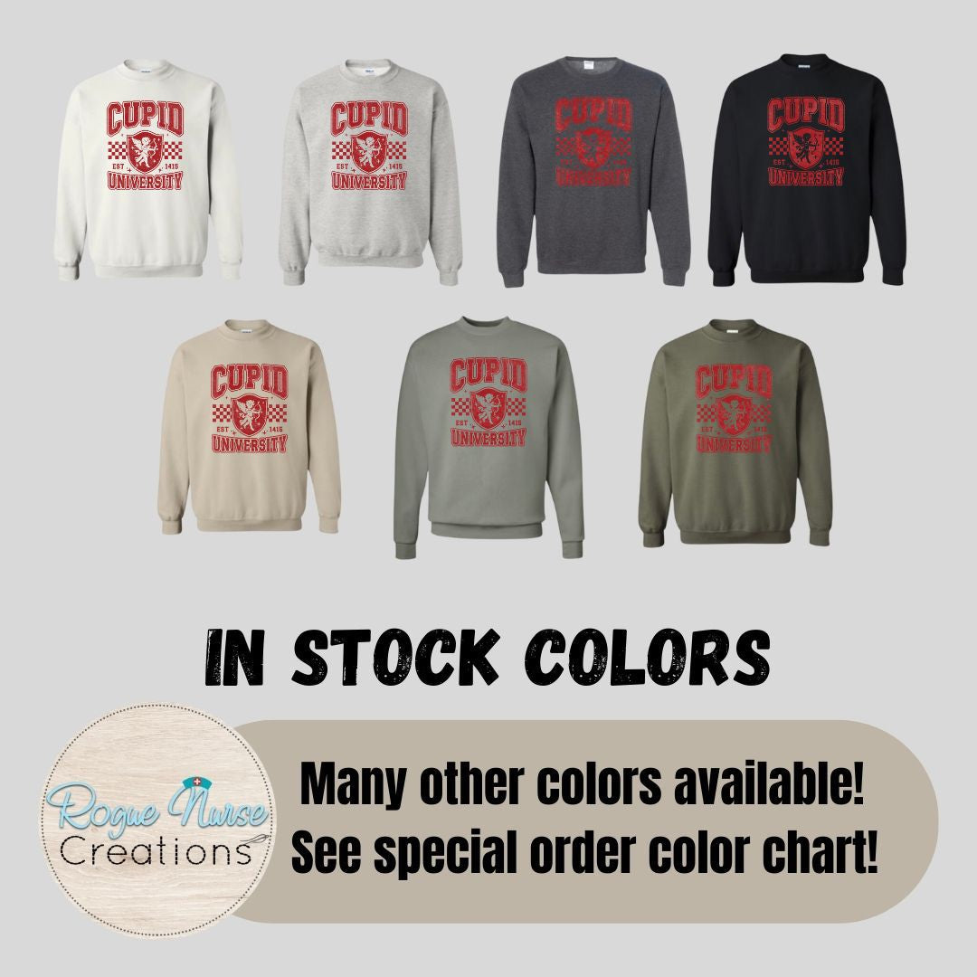 Cupid University Valentines Day Graphic Sweatshirt, Crew Neck Pullover, Valentines Day Gift, Cupid University Varsity Style Pullover