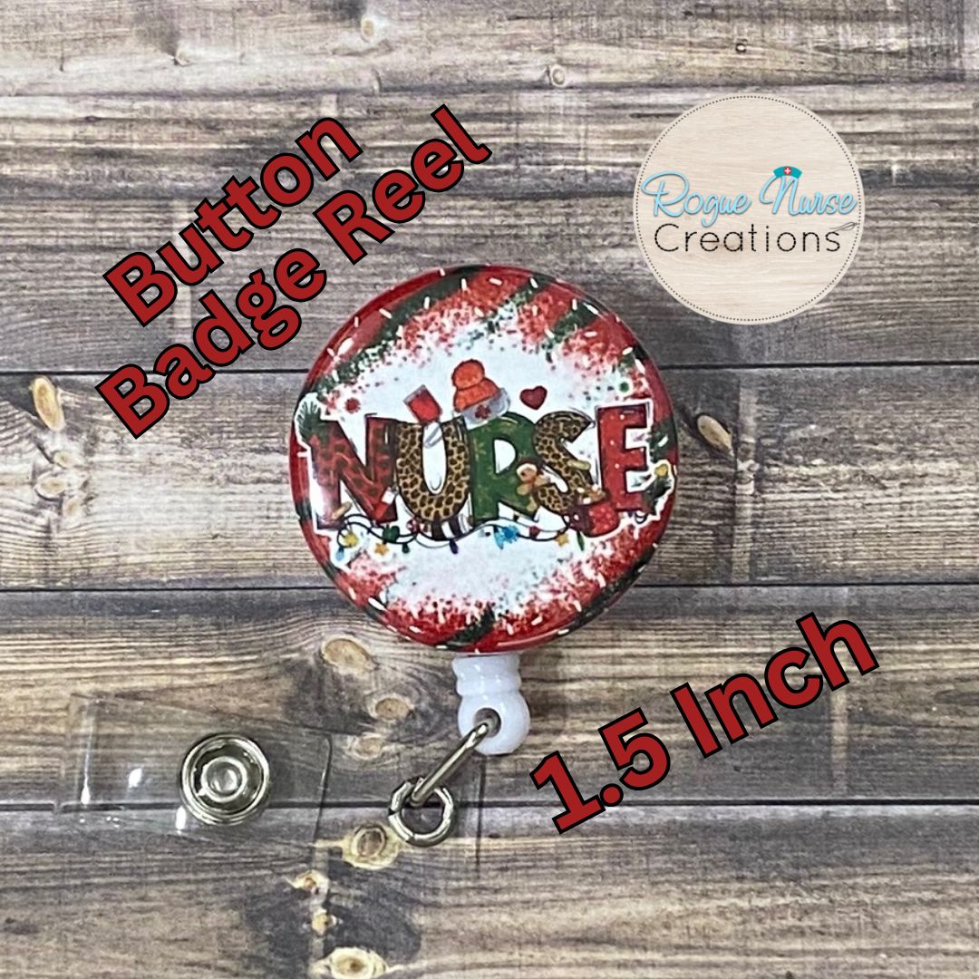 NURSE Christmas Button Style Retractable Badge Reel, Festive Background, Holiday Button Badge Holder For Nurses, Badge Buddy
