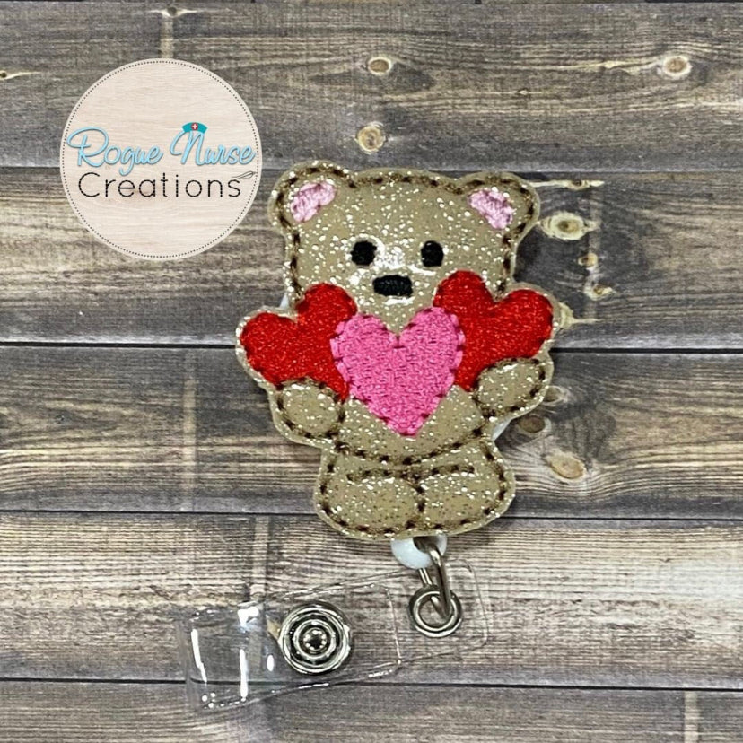 Brown Teddy Bear Holding Red and Pink Hearts Embroidered Valentines Day Retractable Badge Reel, Valentine Day Glitter Retractable Badge Reel