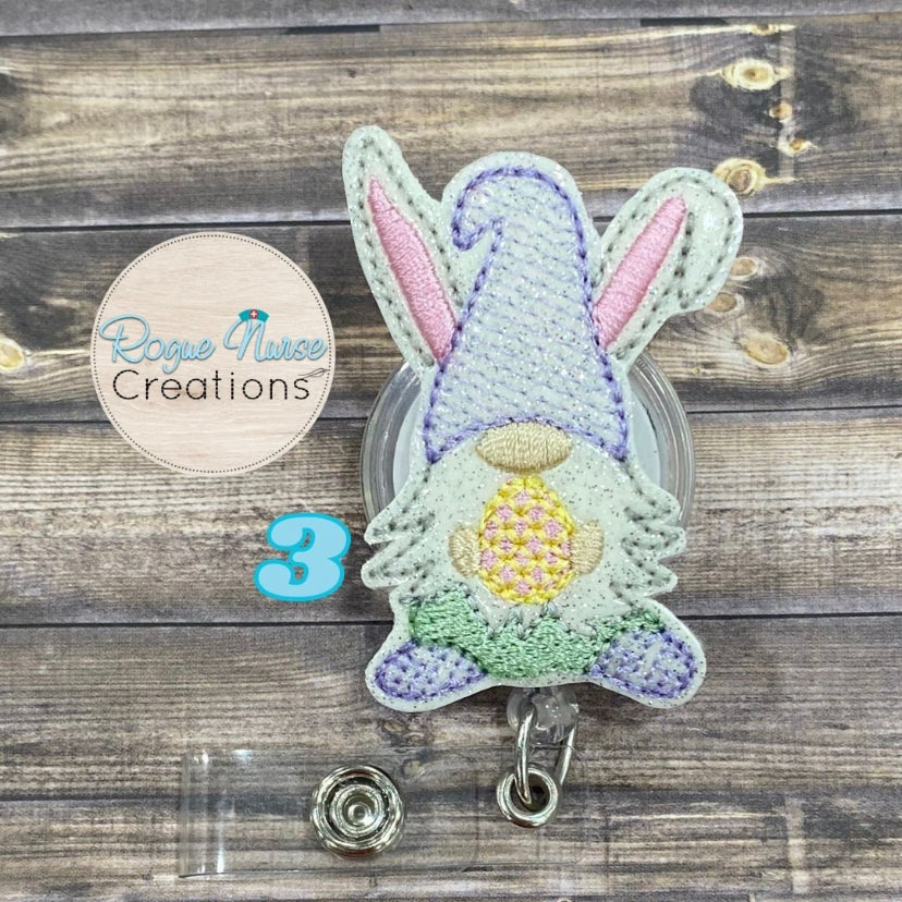 Easter Bunny Gnome Holding a Decorated Easter Egg Embroidered Retractable Badge Reel, Badge Buddy Easter Gnome Badge Reel, Nurse Badge Reel