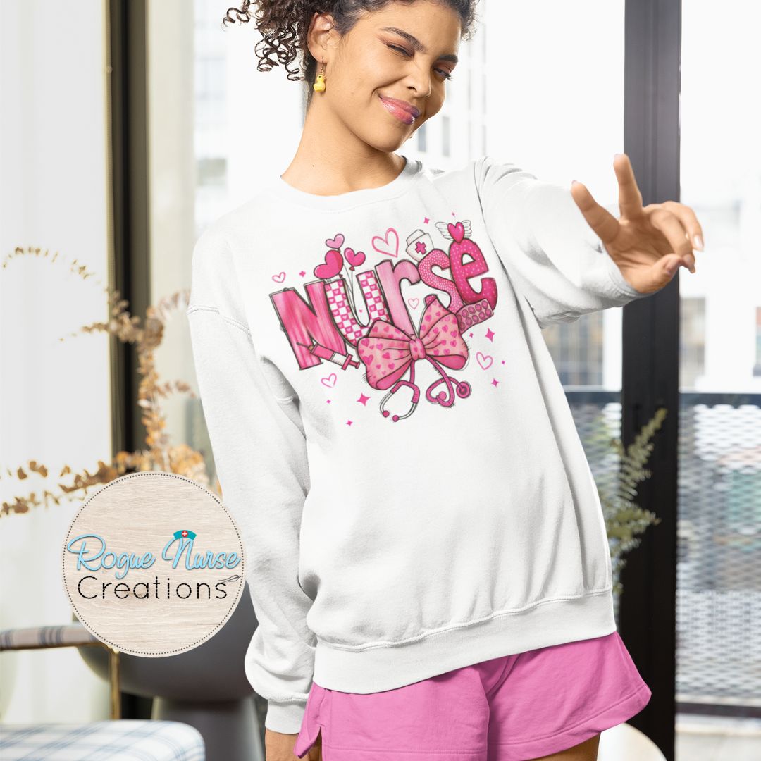 Valentines Day Nurse Graphic Sweatshirt, Nurse Crew Pullover, Nurse Gift, Cute pink nurse design with stethoscope an bow for Nurses,