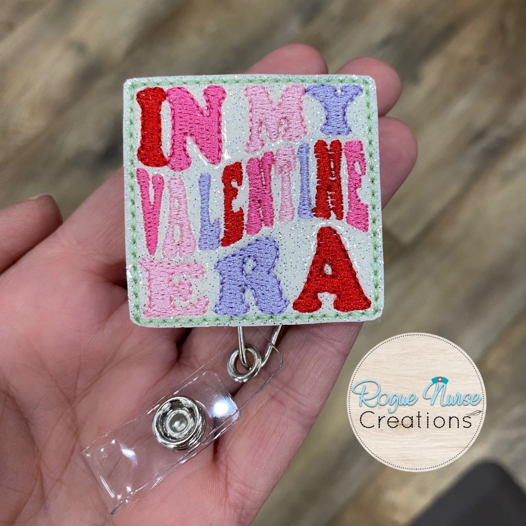 In My Valentine Era Valentines Day Retractable Badge Reel, Sparkle White Glitter Retractable Badge Reel, Holiday Badge Buddy, Nurse Gift
