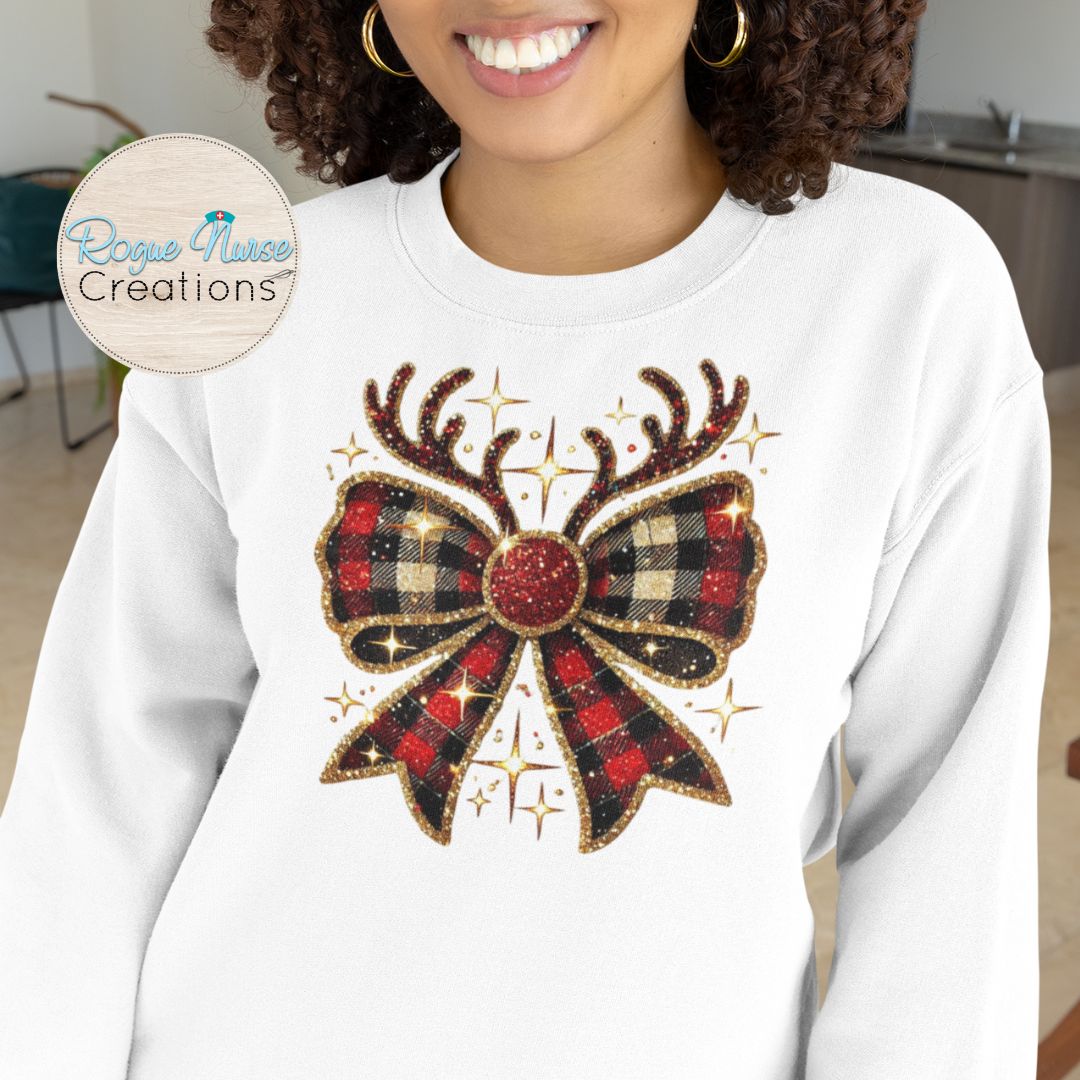 Plaid Holiday Glittery looking Bow Graphic Sweatshirt, Crew Neck Pullover, Nurse Gift, Cute Christmas Holiday Sweatshirt for Nurses