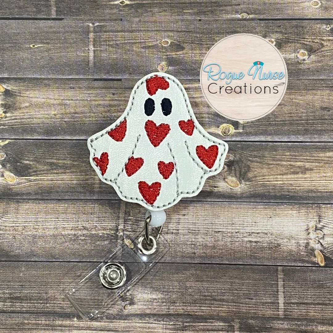 Valentines Day Ghost Wearing a Heart Covered Sheet, Embroidered Valentines Day Retractable Badge Reel, Ghost Valentine Day Badge Reel