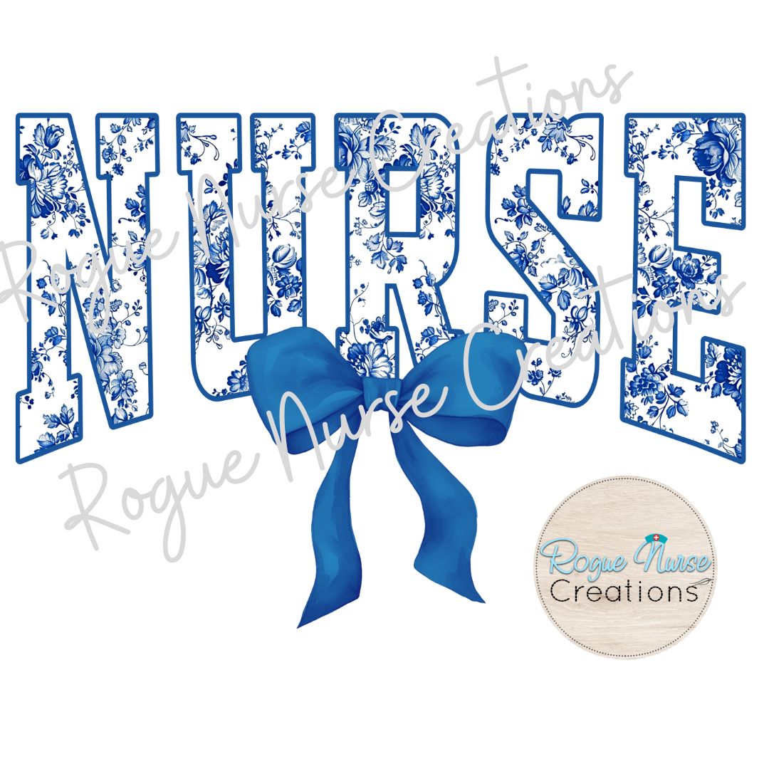 Blue Floral Nurse With Blue Bow Graphic Pullover Sweatshirt, Cute Nurse Sweatshirt, Nurse Gift, Cozy Nurse Pullover. Pretty Bow Nurse Shirt