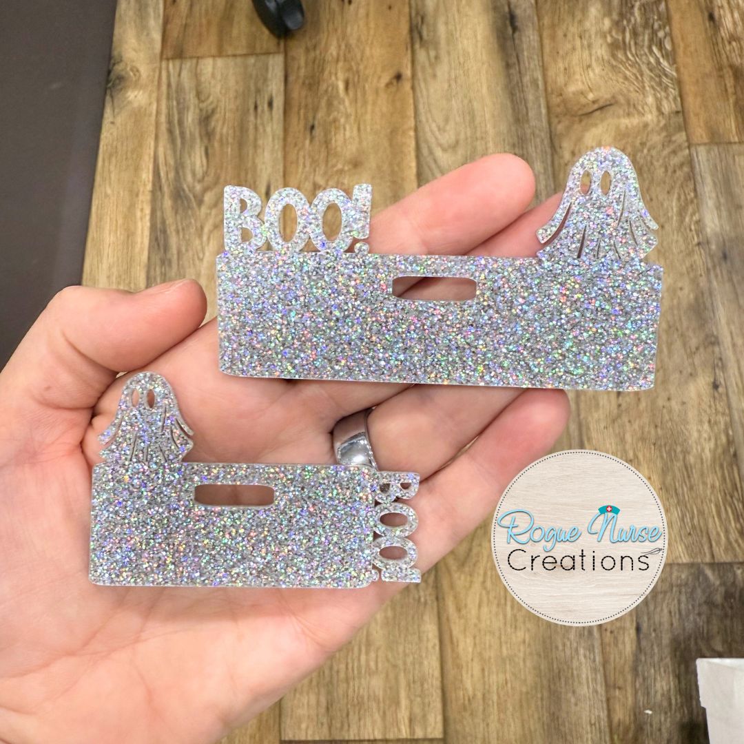 Silver Holographic Glitter Acrylic Halloween Badge Topper, Boo! With Wispy Ghost Badge Topper, Halloween Ghost Badge Topper for Name Badge