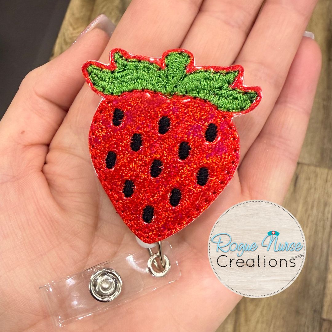 Red Shiny Glitter Strawberry with leaves and seeds, Summer Fruit Retractable Badge Reel, Cute Nurse Badge Buddy, MRI Safe Badge Reel Option