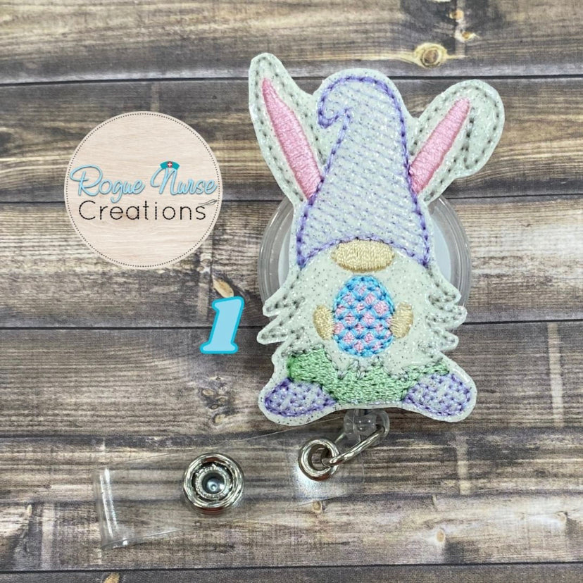 Easter Bunny Gnome Holding a Decorated Easter Egg Embroidered Retractable Badge Reel, Badge Buddy Easter Gnome Badge Reel, Nurse Badge Reel