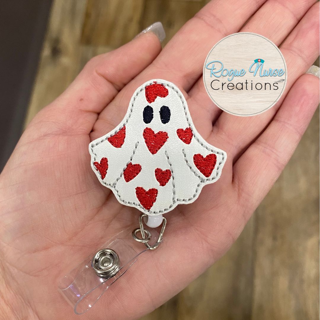Valentines Day Ghost Wearing a Heart Covered Sheet, Embroidered Valentines Day Retractable Badge Reel, Ghost Valentine Day Badge Reel