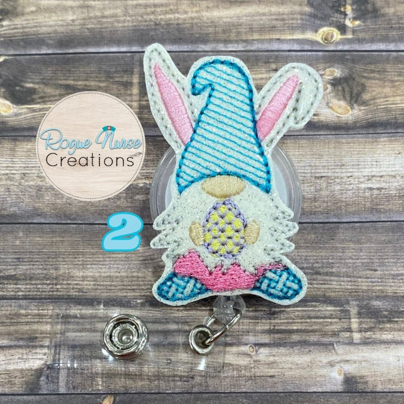 Easter Bunny Gnome Holding a Decorated Easter Egg Embroidered Retractable Badge Reel, Badge Buddy Easter Gnome Badge Reel, Nurse Badge Reel