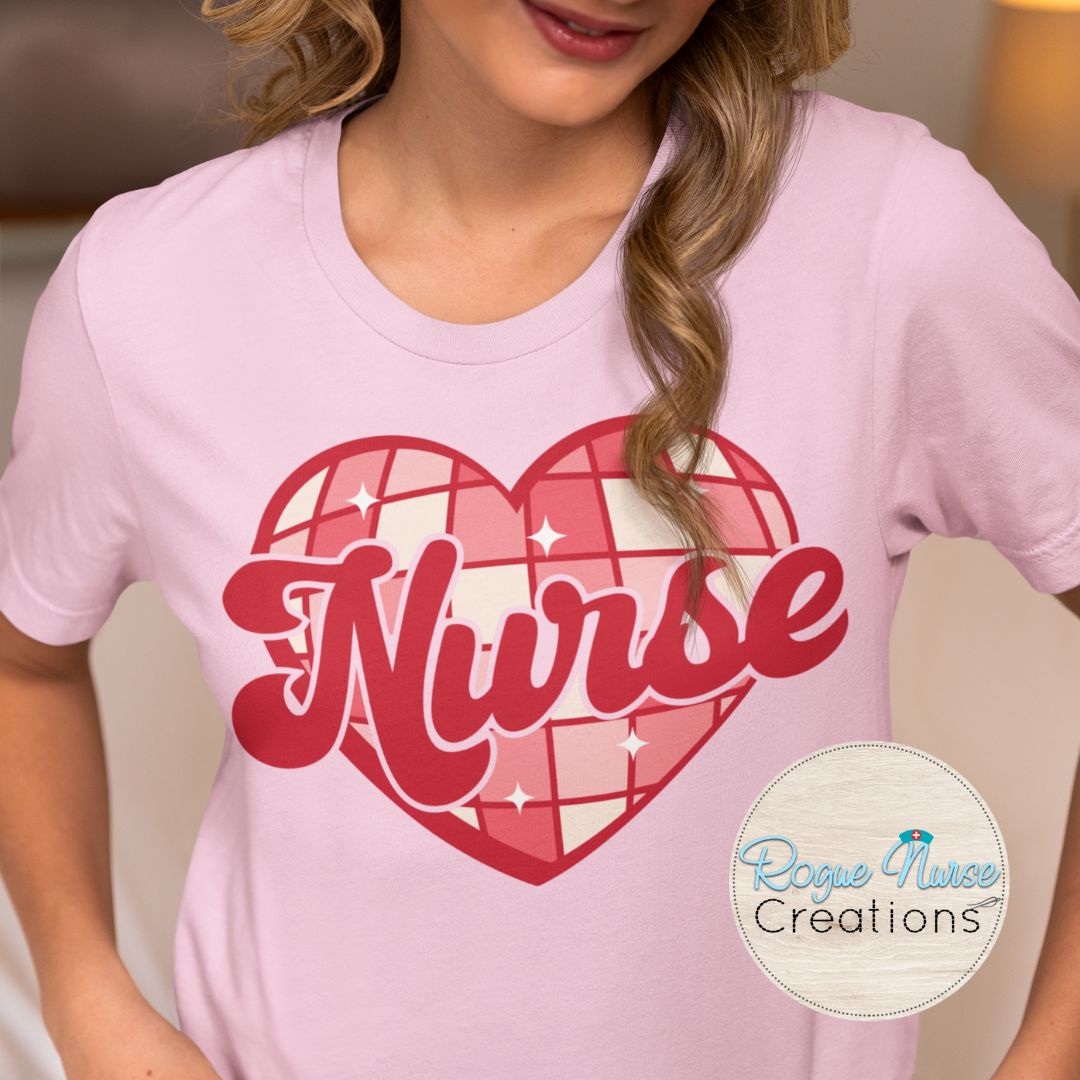 Valentines Day Nurse Graphic T-Shirt, Disco Heart Nurse Design T-Shirt, Pink and Red Valentine Shirt, Nurse gift, Nurse Graphic T-Shirt