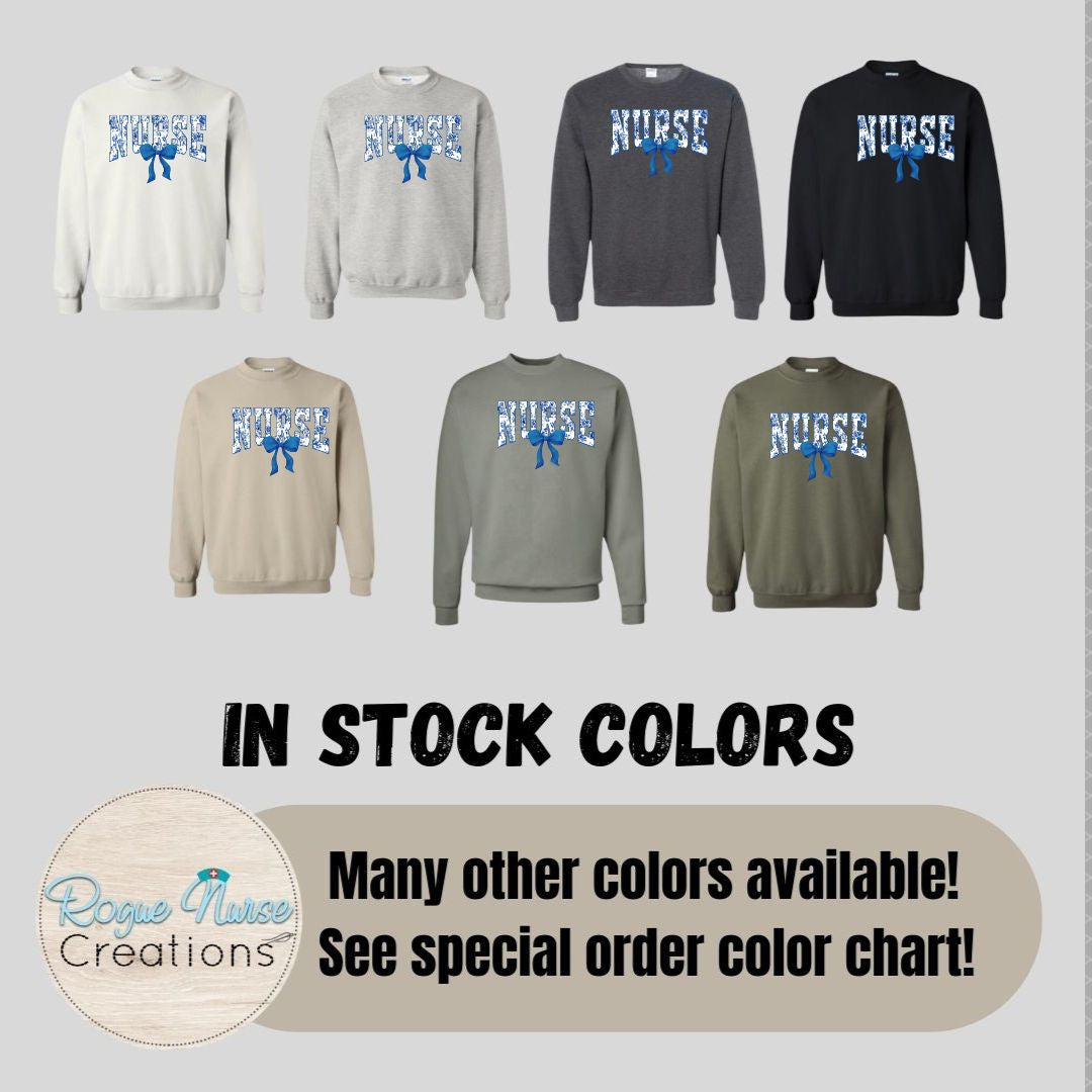 Blue Floral Nurse With Blue Bow Graphic Pullover Sweatshirt, Cute Nurse Sweatshirt, Nurse Gift, Cozy Nurse Pullover. Pretty Bow Nurse Shirt