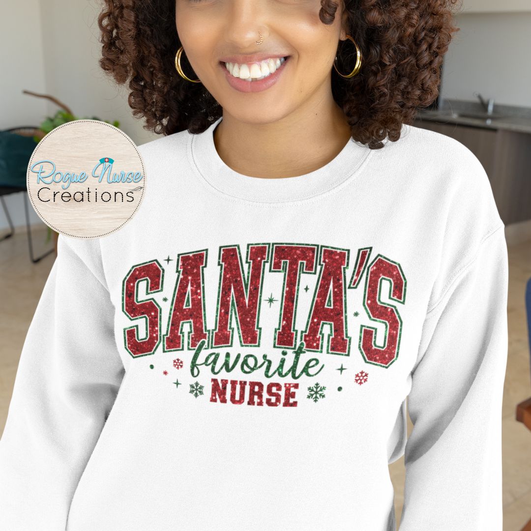 Santa’s Favorite Nurse Glitter looking Graphic Sweatshirt, Nurse Crew Pullover, Nurse Gift, Cute Red & Green Christmas Sweatshirt for Nurses