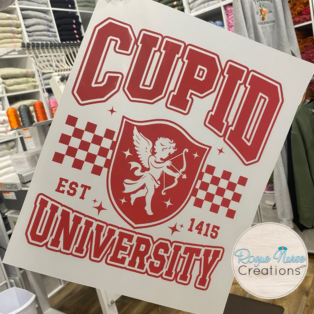 Cupid University Valentines Day Graphic Sweatshirt, Crew Neck Pullover, Valentines Day Gift, Cupid University Varsity Style Pullover