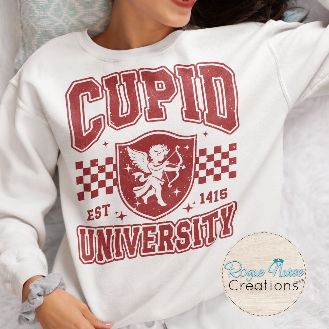 Cupid University Valentines Day Graphic Sweatshirt, Crew Neck Pullover, Valentines Day Gift, Cupid University Varsity Style Pullover