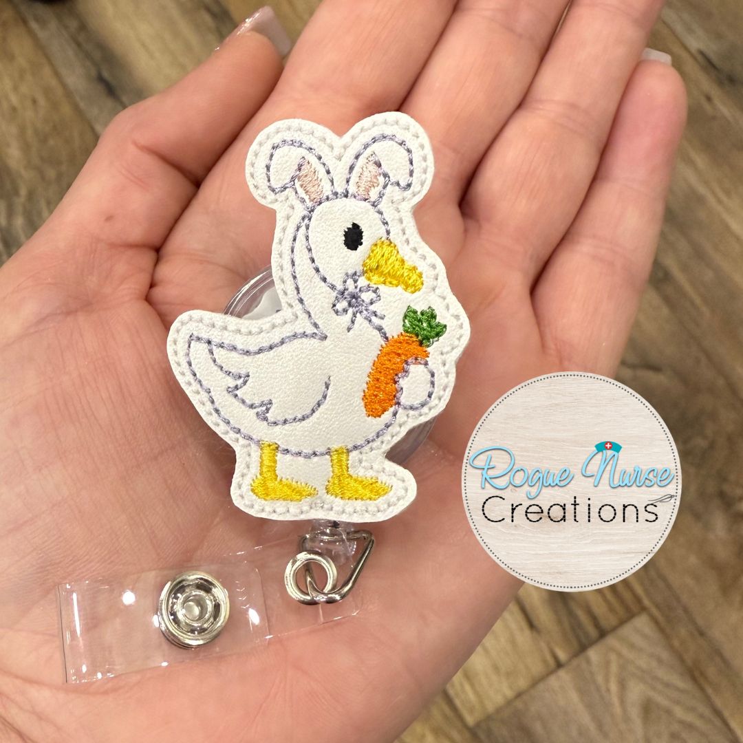 Silly Goose Wearing Easter Bunny Ears, Holding a Carrot Embroidered Retractable Badge Reel, Badge Buddy Easter Badge Reel, Nurse Badge Reel