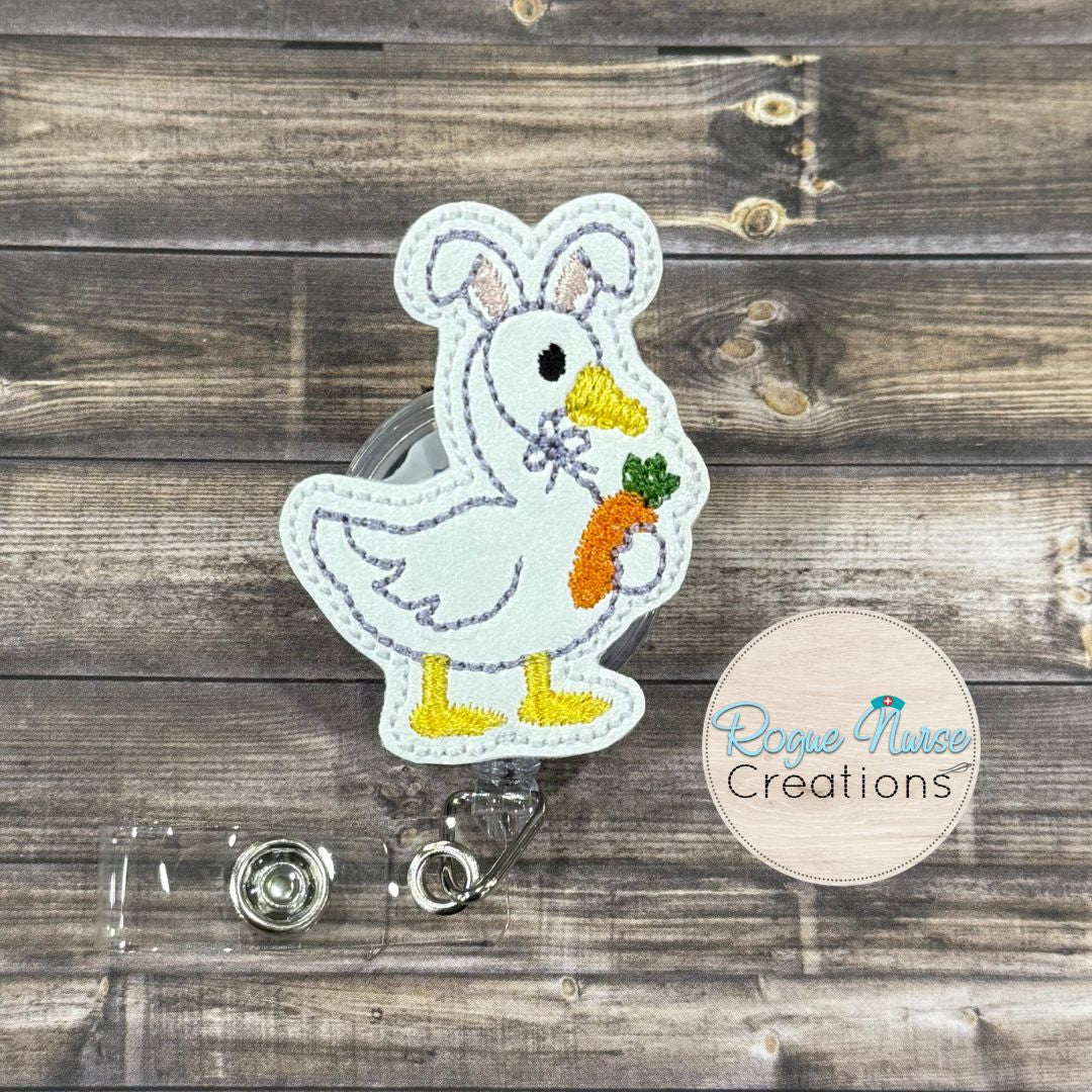 Silly Goose Wearing Easter Bunny Ears, Holding a Carrot Embroidered Retractable Badge Reel, Badge Buddy Easter Badge Reel, Nurse Badge Reel