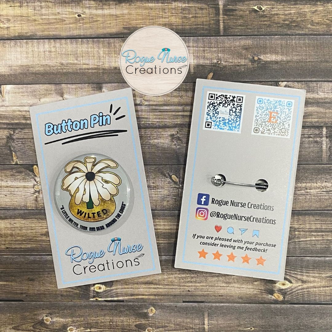 The Wilted Daisy™ With Gray Background 1.5 Inch Round Button Pin with Safety Pin Clasp. Backpack Button Pin, Lanyard Button Pin,