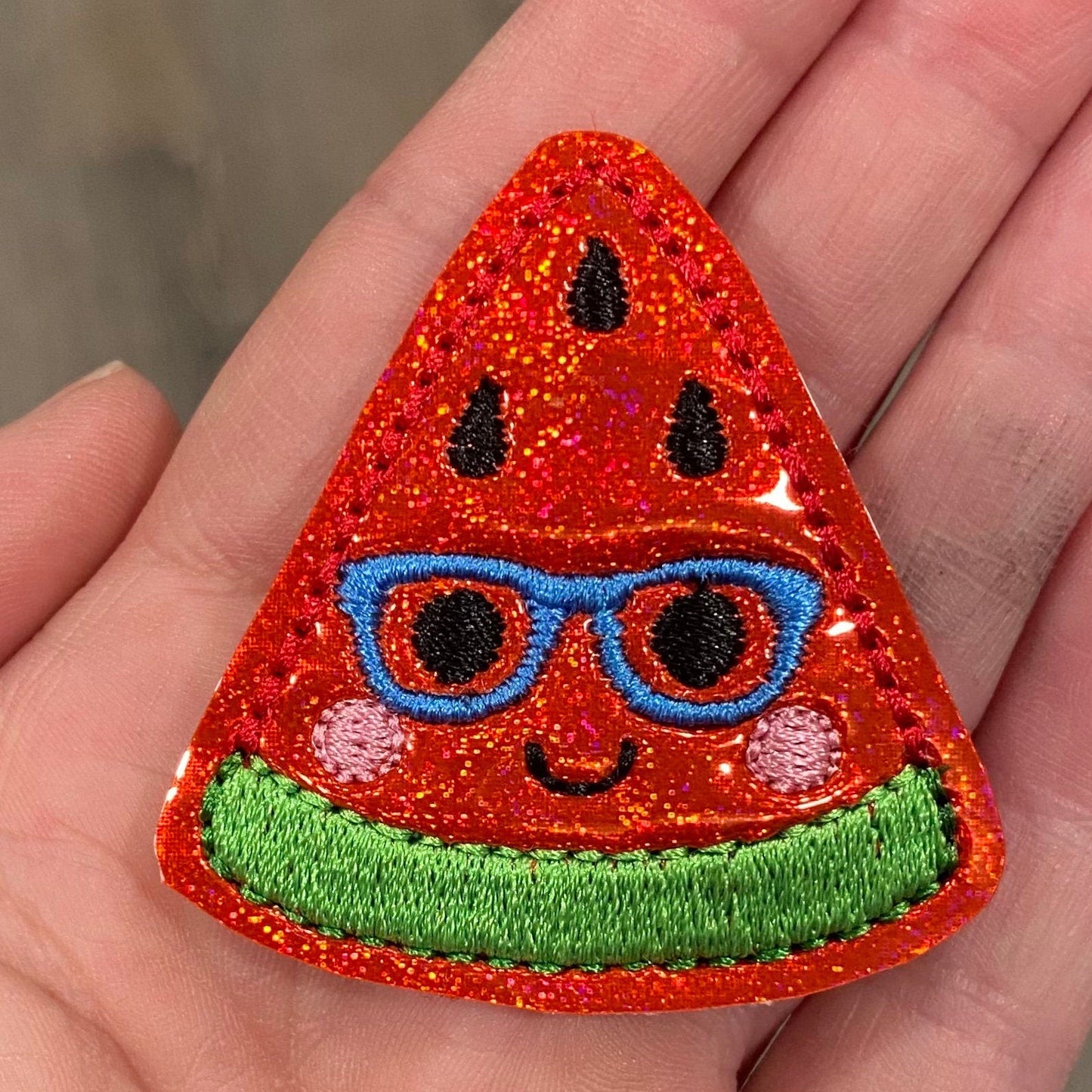 Red Shiny Glitter Watermelon with glasses, Summer, Fruit, Retractable Badge Reel