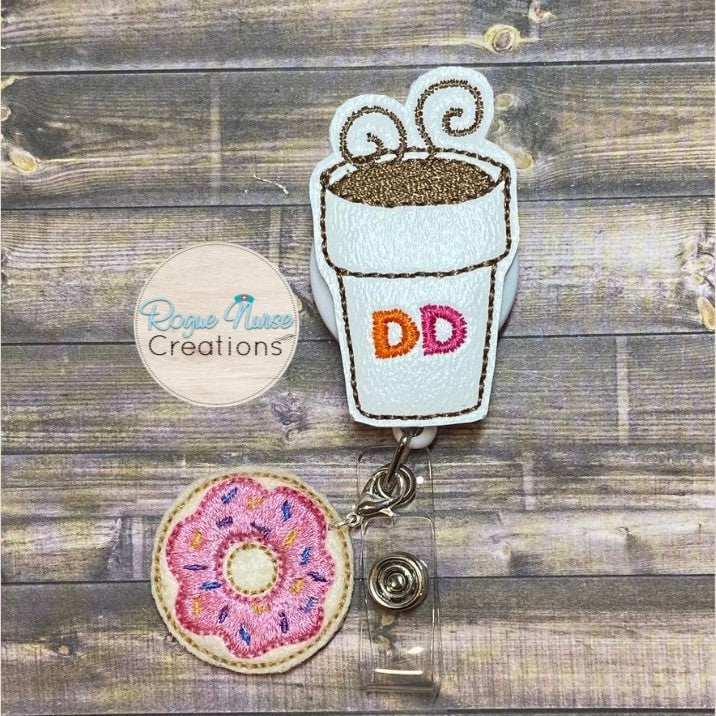 Coffee Cup with Pink Frosted Dangle Donut, Dunkin Donut Fan Retractable Badge Reel