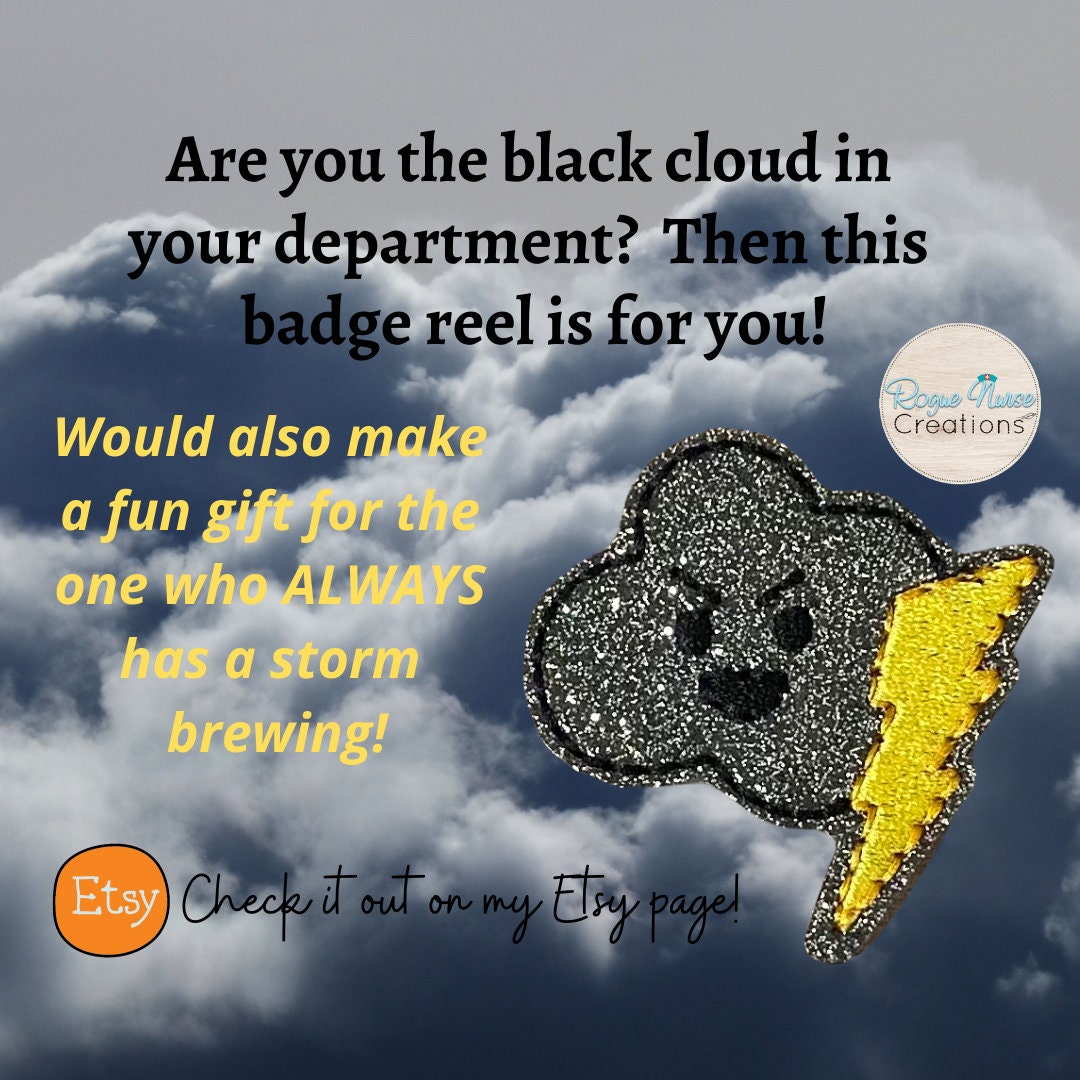 Black Cloud Charcoal Glitter with Lightning Retractable Badge Reel, ID Holder Badge Reel