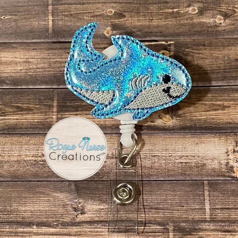 Shark, Blue Shiny Glitter Retractable Badge Reel, Name Badge Holder