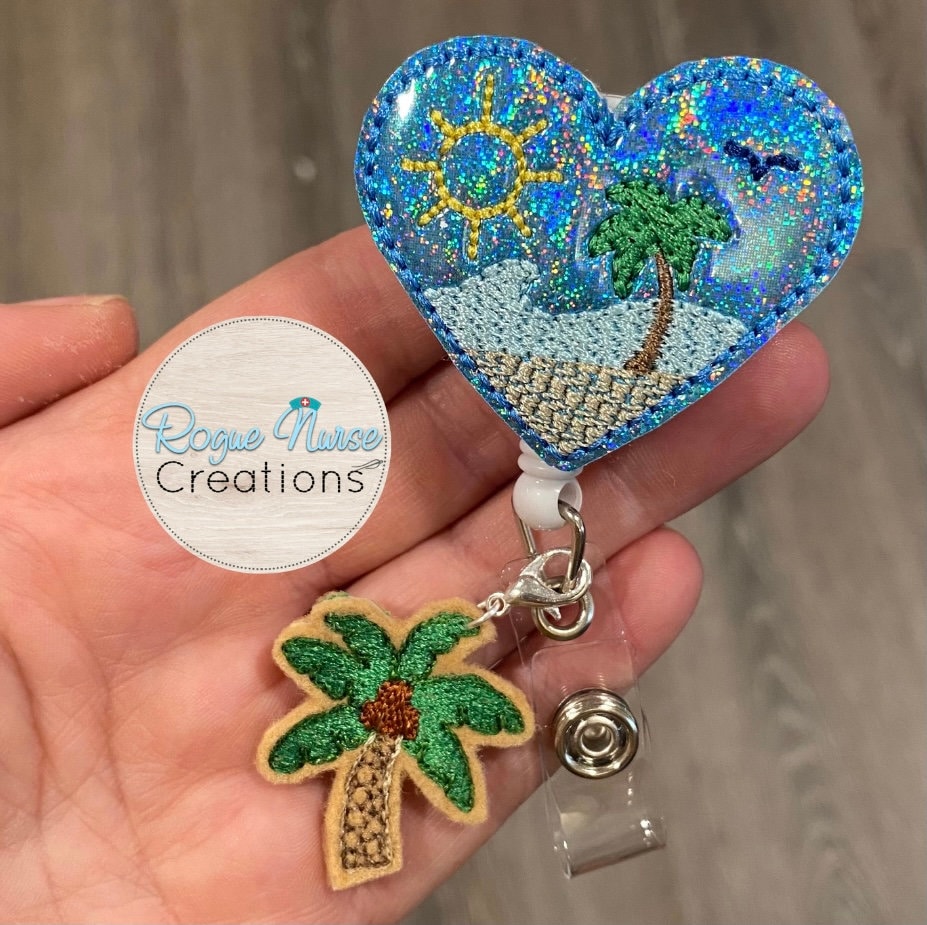 Blue Glitter Heart Beach with Palm Tree Dangle Retractable Badge Reel