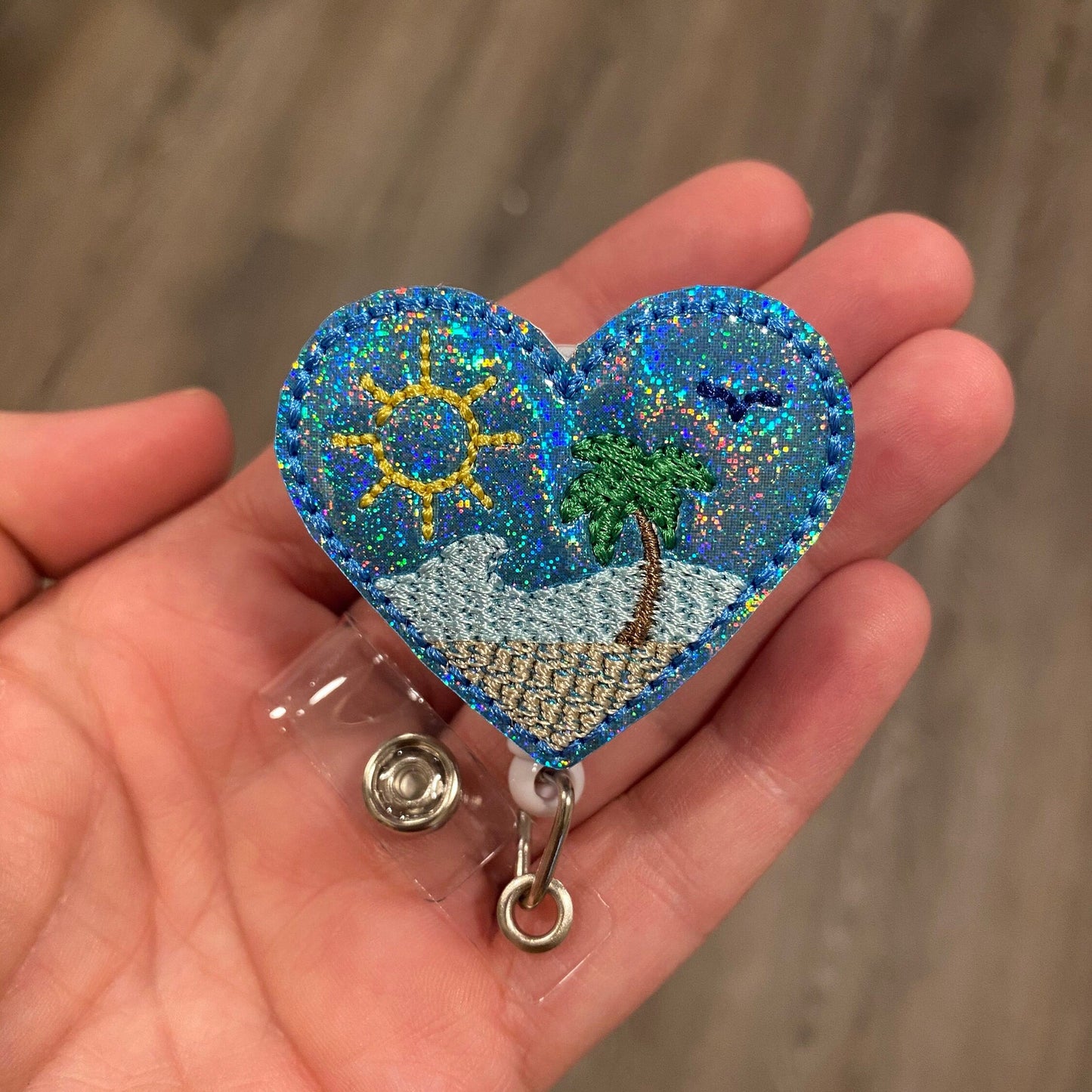 Blue Glitter Heart Beach with Palm Tree Dangle Retractable Badge Reel