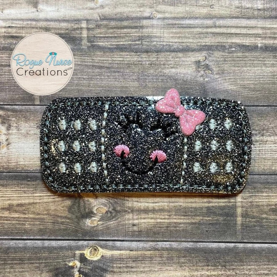 Gun Metal Gray, Glitter Shiny Bandaid With Your Choice of Bow Color, attached to a retractable badge reel. Nurse Name Badge