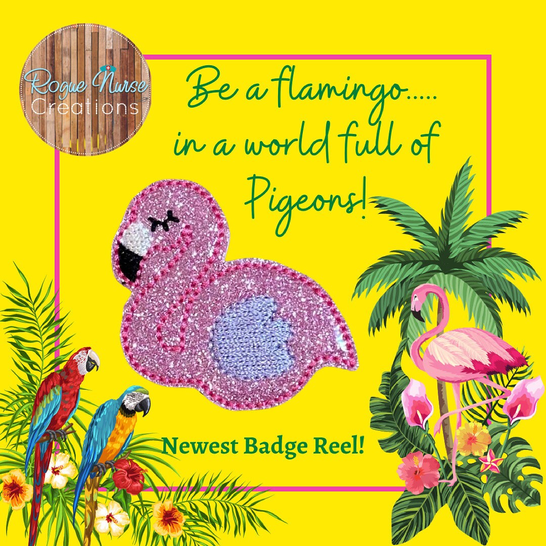 Shiny Glitter Pink Flamingo Retractable Badge Reel, Nurse Badge Buddy, Work ID holder