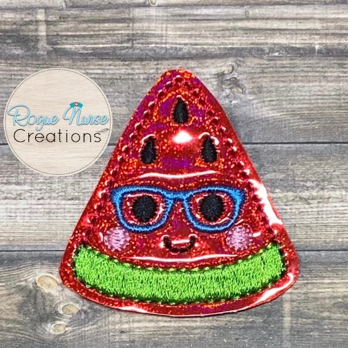 Red Shiny Glitter Watermelon with glasses, Summer, Fruit, Retractable Badge Reel