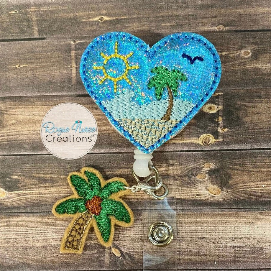 Blue Glitter Heart Beach with Palm Tree Dangle Retractable Badge Reel