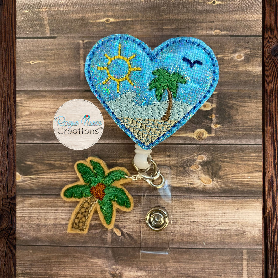 Blue Glitter Heart Beach with Palm Tree Dangle Retractable Badge Reel