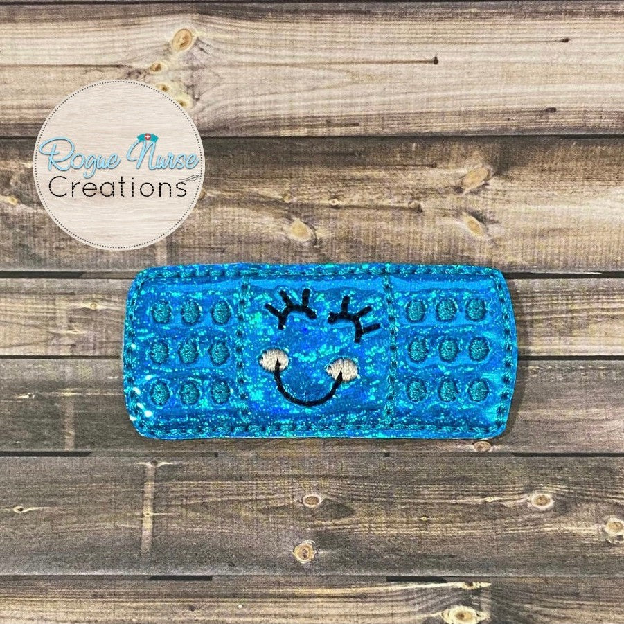 Teal Blue Bandaid, Shiny Glitter Retractable Badge Reel, Name Badge Holder, Badge Buddy, ID Badge Reel