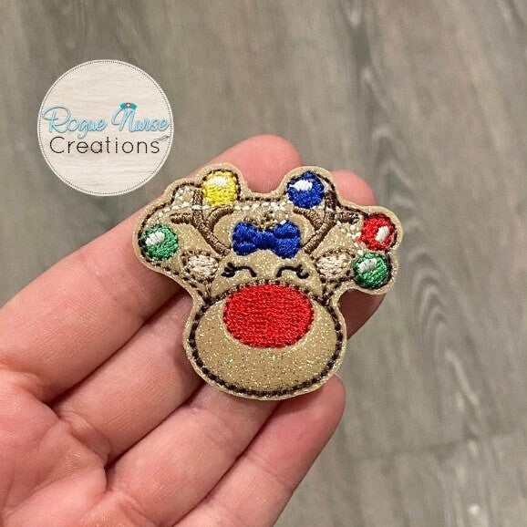 Glitter Reindeer with Bow, Holiday Retractable Badge Reel with Festive Lights on The Antlers