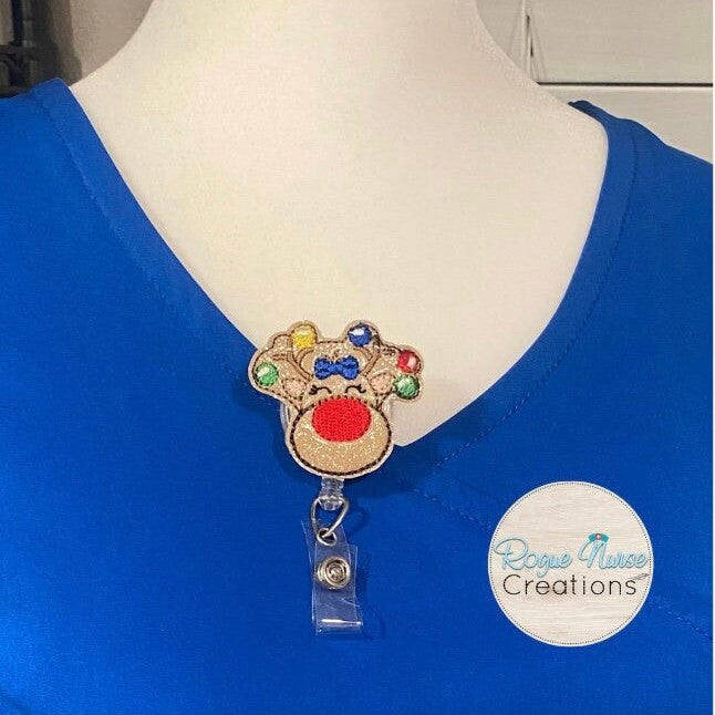 Glitter Reindeer with Bow, Holiday Retractable Badge Reel with Festive Lights on The Antlers