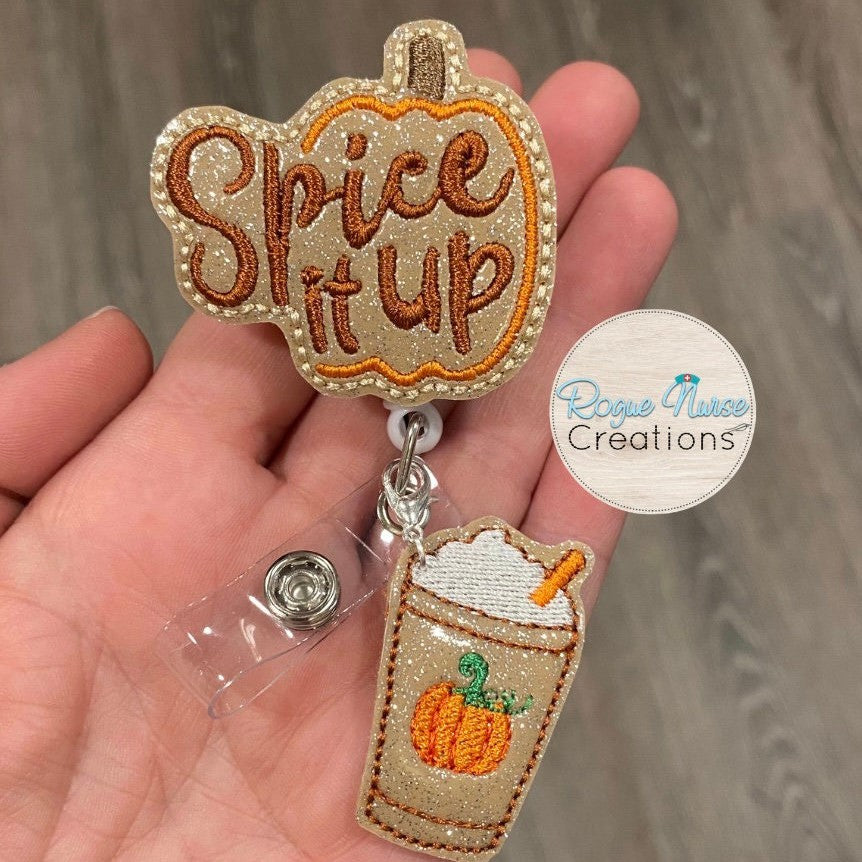 Fall Glitter Vinyl Spice it Up Retractable Badge Reel with Pumpkin Coffee Dangle, Badge Holder/Buddy