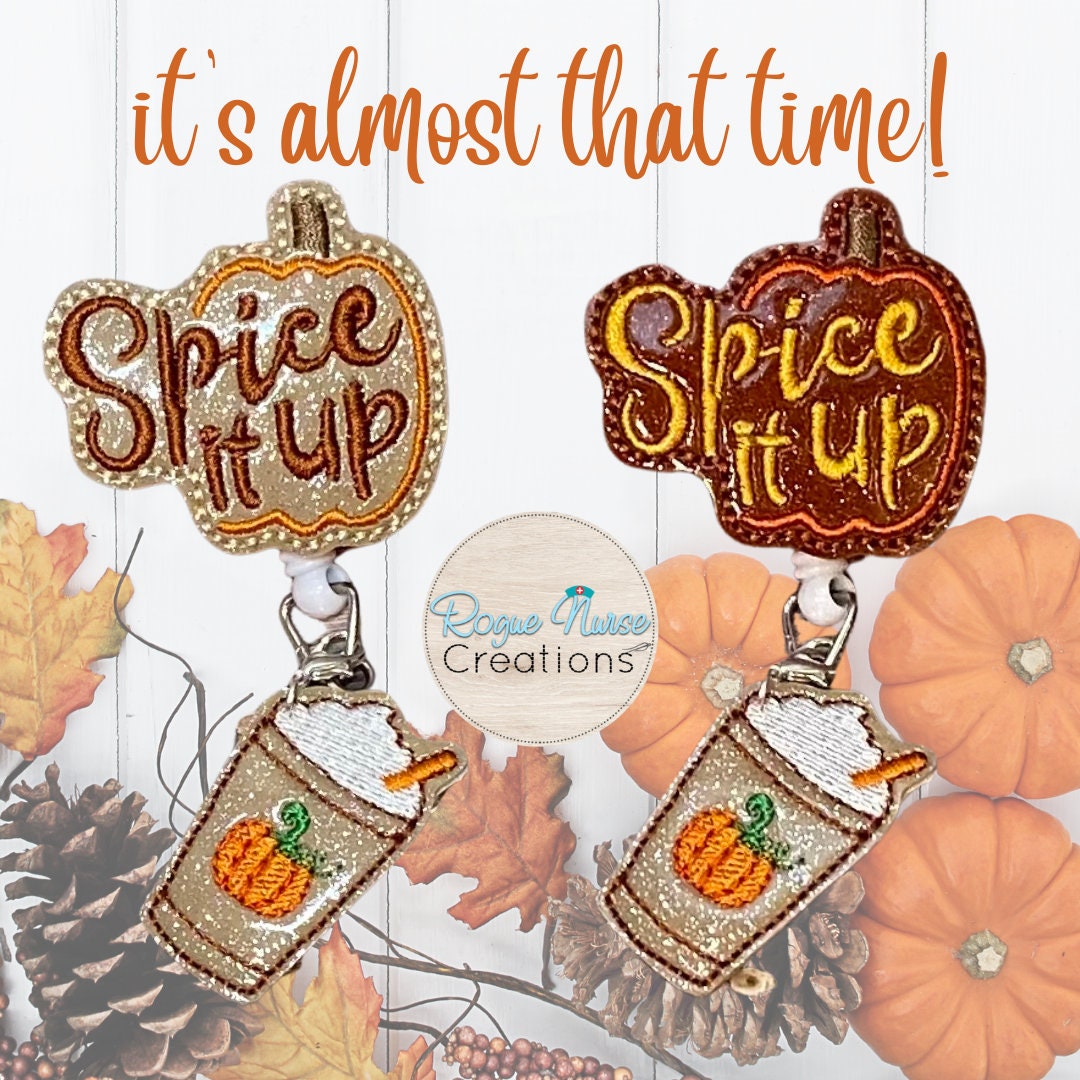 Fall Glitter Vinyl Spice it Up Retractable Badge Reel with Pumpkin Coffee Dangle, Badge Holder/Buddy