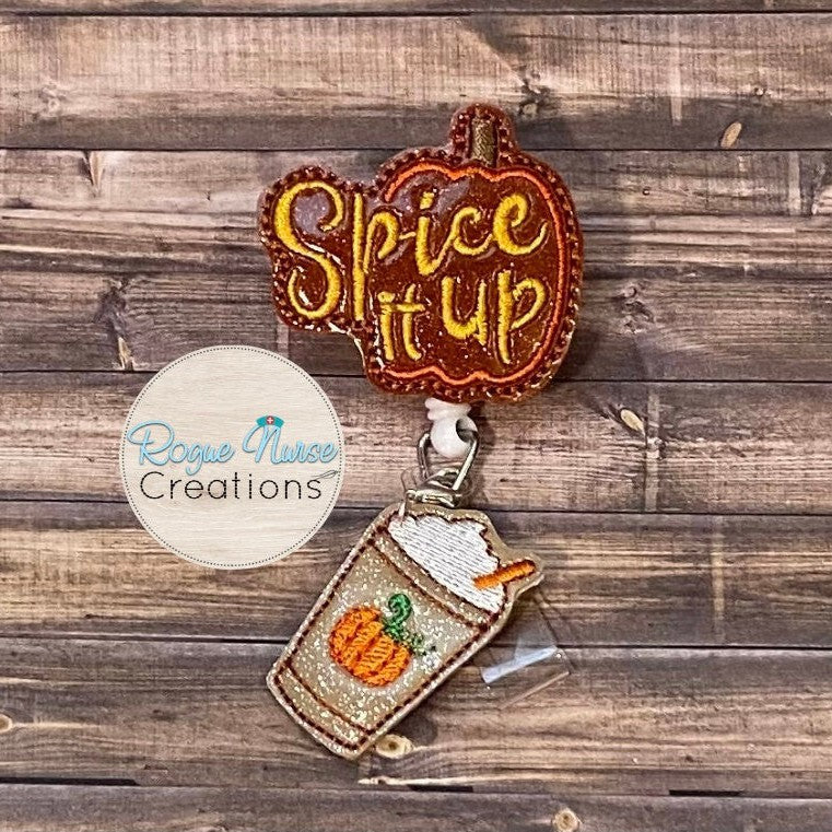 Fall Glitter Vinyl Spice it Up Retractable Badge Reel with Pumpkin Coffee Dangle, Badge Holder/Buddy