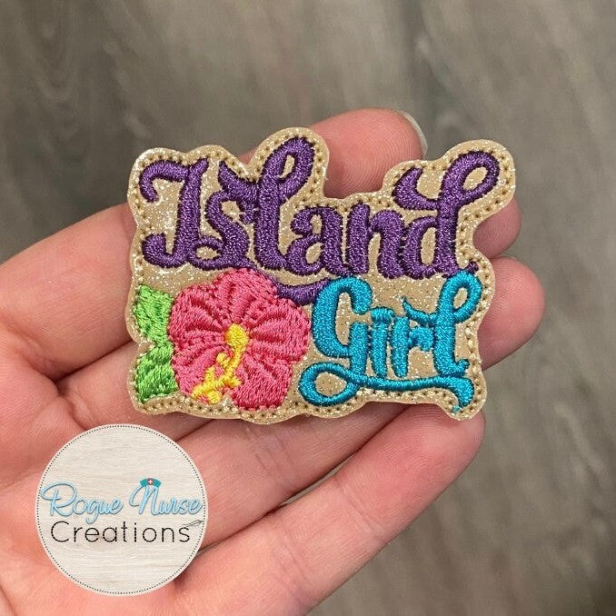 Island Girl Tropical Paradise Retractable badge reel on Beige Glitter Vinyl Fabric, Tropical Badge Buddy