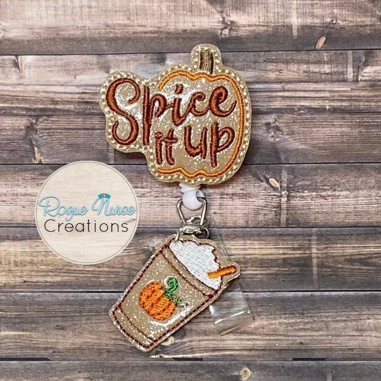Fall Glitter Vinyl Spice it Up Retractable Badge Reel with Pumpkin Coffee Dangle, Badge Holder/Buddy